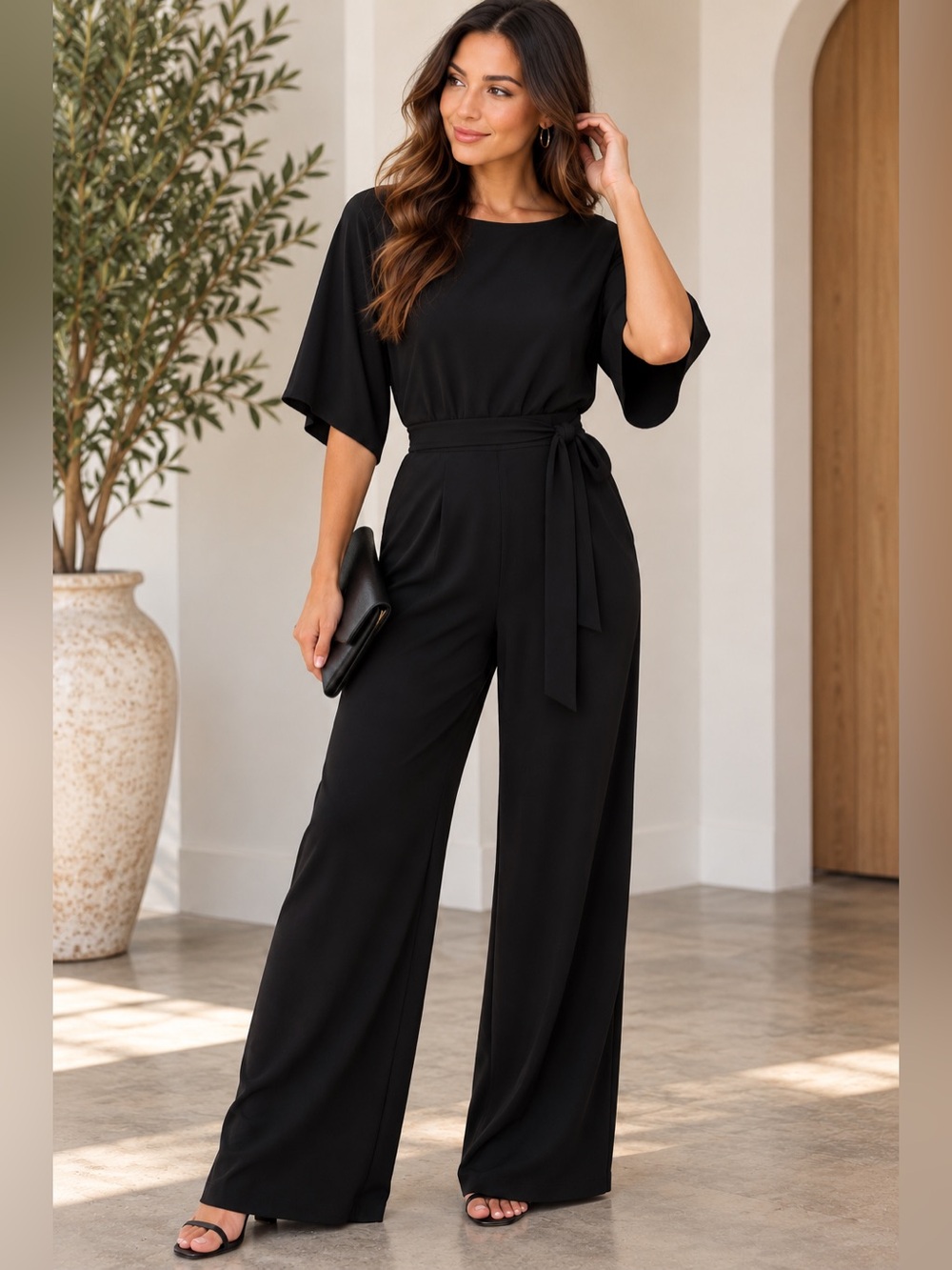 Womens Black Wide-Leg Jumpsuit with Tie Waist